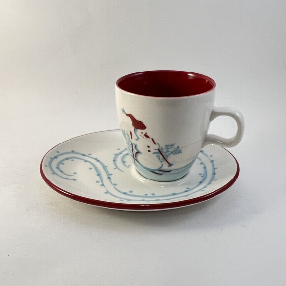 Starbucks Holiday 2007 Coffee Tea Cup & Snack Plate Skiing Snowman Penguin 6 oz - Picture 1 of 5